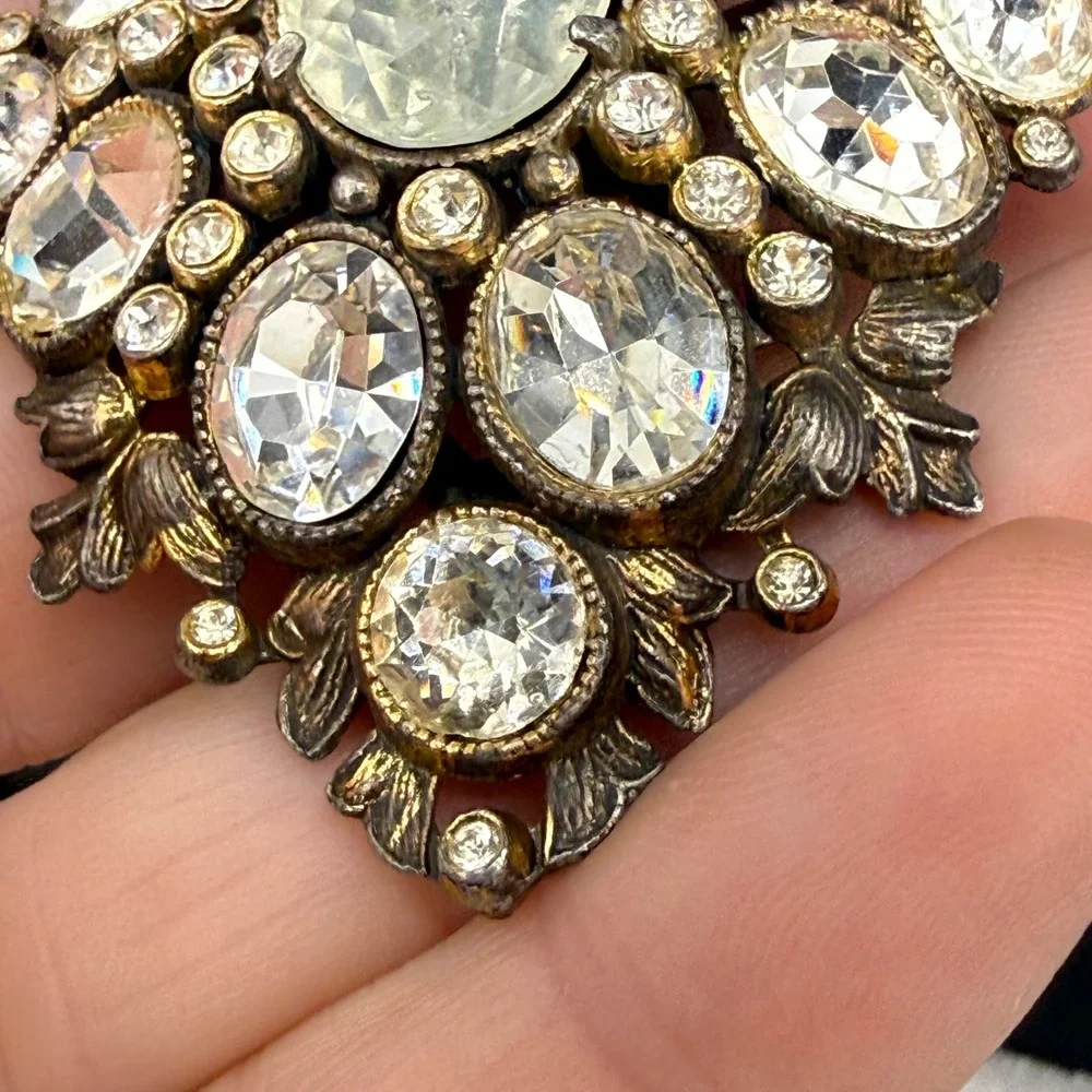 Vintage Dress Clip Silver Tone Clear Rhinestone Art Deco Revival Floral